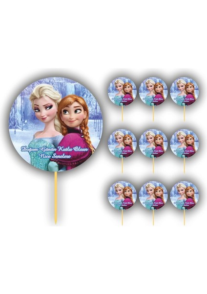 Atölye7 Tasarım 10 Adet Elsa ve Arkadaşları Frozen Karlar Ülkesi Kürdanlı Cupcake Pasta Süsü Süsleme Kalın Kağıt