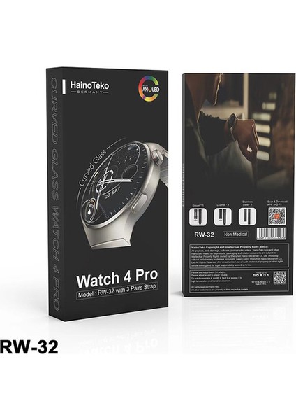 Hainoteko Rw-32 Kavisli Curved Amoled Ekran Metal+Deri+Silikon Kordonlu Watch 4 Pro Akıllı Saat