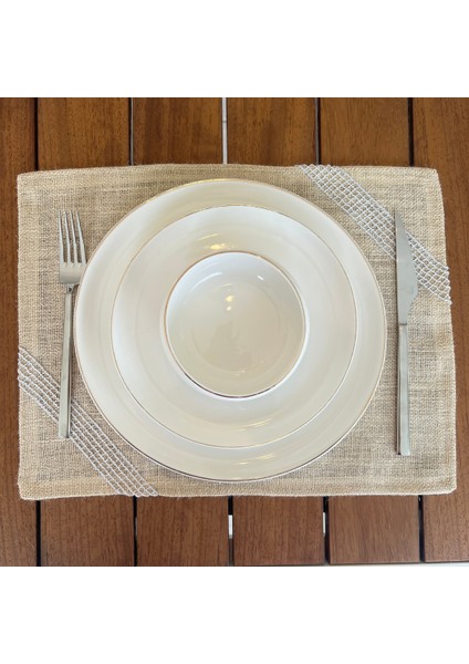 Gri Işlemeli Linen Keten Amerikan Servis 6' Lı