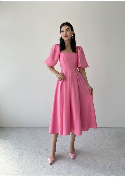 Pembe Benjamin Çan Etekli Midi Boy Elbise
