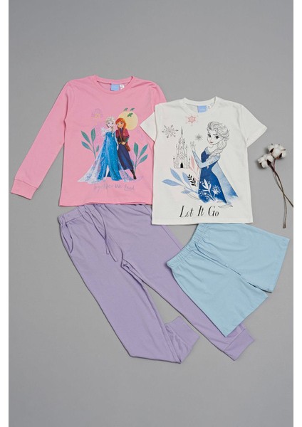 4'lü Frozen Baskılı Pudra Tshirt Şort Pantolon Takım