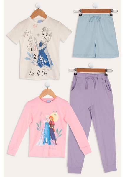 4'lü Frozen Baskılı Pudra Tshirt Şort Pantolon Takım