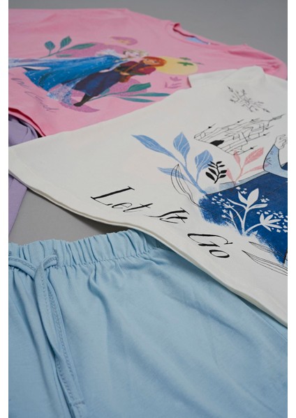 4'lü Frozen Baskılı Pudra Tshirt Şort Pantolon Takım