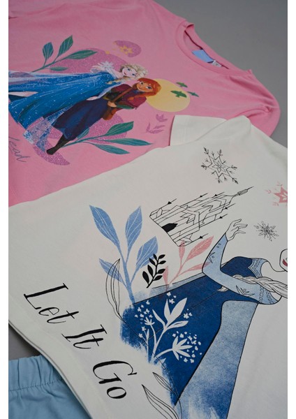 4'lü Frozen Baskılı Pudra Tshirt Şort Pantolon Takım