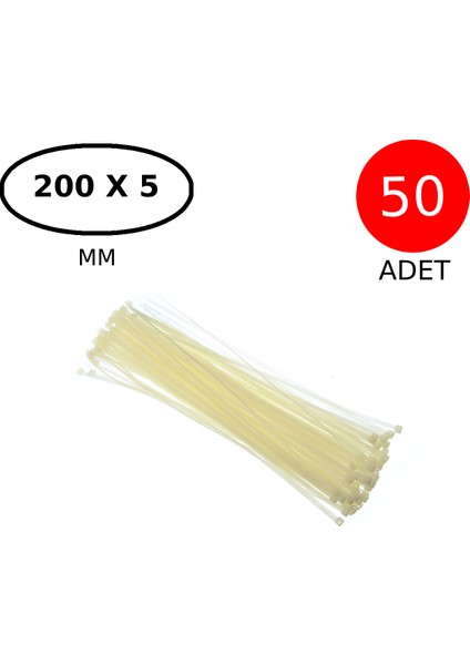 Plastik Kablo Bağı Cırt Kelepçe 200 mm x 5 mm Beyaz 50 Adet