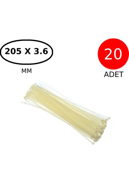 Plastik Kablo Bağı Klipsi Cırt Kelepçe 205 mm x 3.6 mm Beyaz 20 Adet