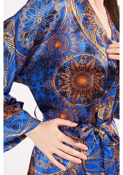 Nomads Felt Saf İpek Kısa Kimono Kaftan Mandala Desen 3 Saks