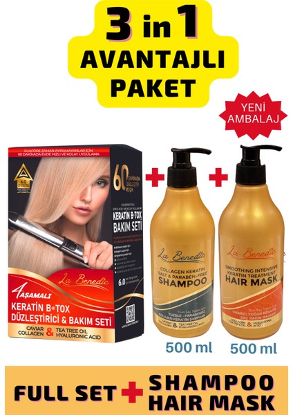 Avantajlı Keratin Düzleştirici Full Set + Şampuan + Maske 3'lü Set (Açık Renkli Saçlar Için)
