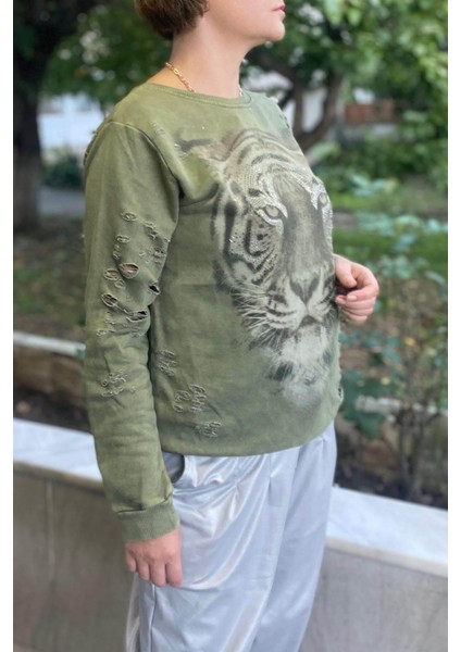 Kadın Haki Kaplan Desenli Sweat fiyatları