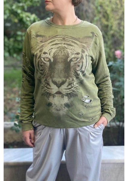 Kadın Haki Kaplan Desenli Sweat fırsatları