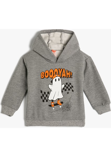 Kapşonlu Sweatshirt Uzun Kollu Hayalet Baskı Detaylı Şardonlu