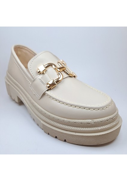 Krem Kalın Taban Tokalı Loafer Comfort Ayakkabı