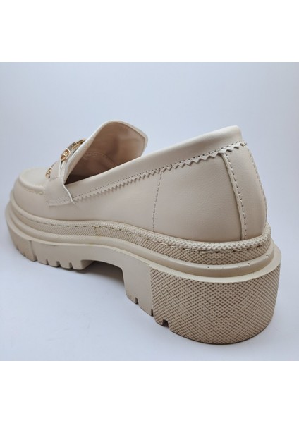 Krem Kalın Taban Tokalı Loafer Comfort Ayakkabı