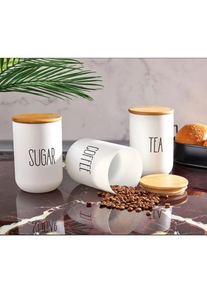 3'lü Bambu Kapaklı Cam Baharat Seti Lüks Mutfak Seti 1000 ml Tea-Sugar-Coffe