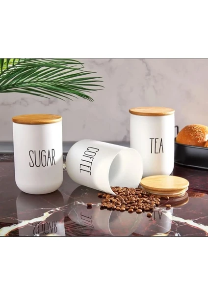 Senin Dükkanın 3'lü Bambu Kapaklı Cam Baharat Seti Lüks Mutfak Seti 1000 ml Tea-Sugar-Coffe