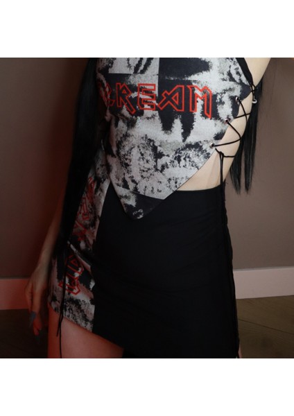 Scream Skirt - Baskılı Asimetrik Mini Etek