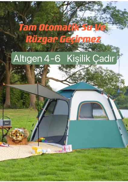 - Tam Otomatik Su ve Rüzgar Geçirmez Gölgelikli Altıgen Çadır Aile Çadırı 280*240*155 cm