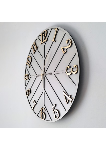 - Diagonal Lines - Açık Gri & Gold - 50CM Duvar Saati