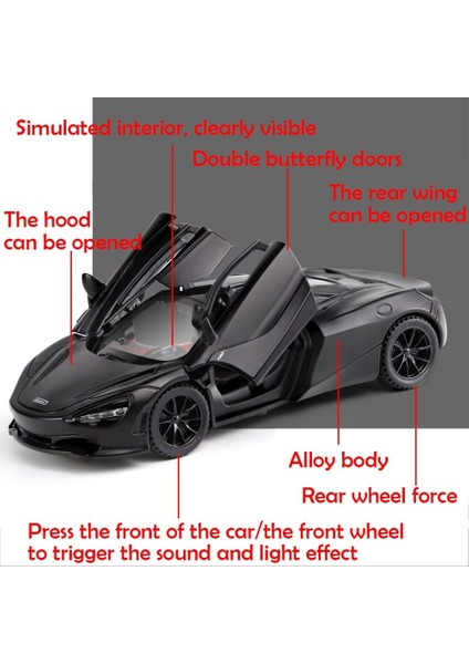 Alaşım Koleksiyonluk Siyah Mclaren 720S Oyuncak Araç Işıklı ve Sesli Geri Çekilebilir Diecast Araba (Yurt Dışından) fiyatları