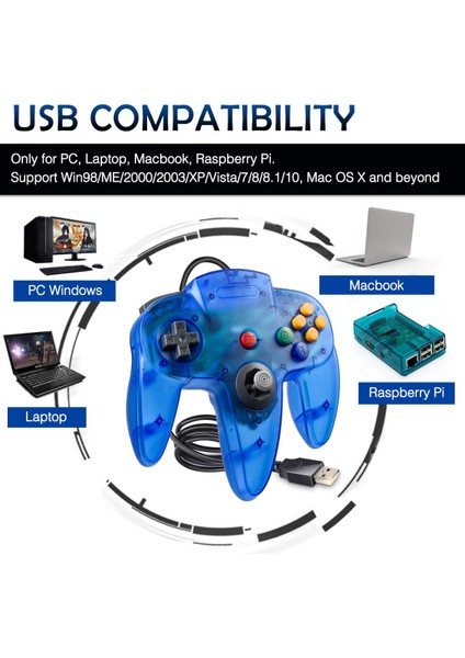 N64 Oyun Için Klasik USB Denetleyici, Windows Pc Mac Linux Raspberry Pi 3 Için USB Retro N64 Gamepad Joystick Joypad (Şeffaf Mavi) (Yurt Dışından)