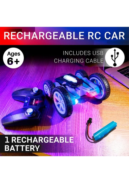 Çocuklar Için Tornado LED Uzaktan Kumandalı Araba - Çift Taraflı Hızlı Rc Araba, 360 Döndürme Özelliğine Sahip 4WD Off-Road Gösteri Arabası, Tüm Arazi Lastikleri, Led'ler, Şarj Edi (Yurt Dışından)