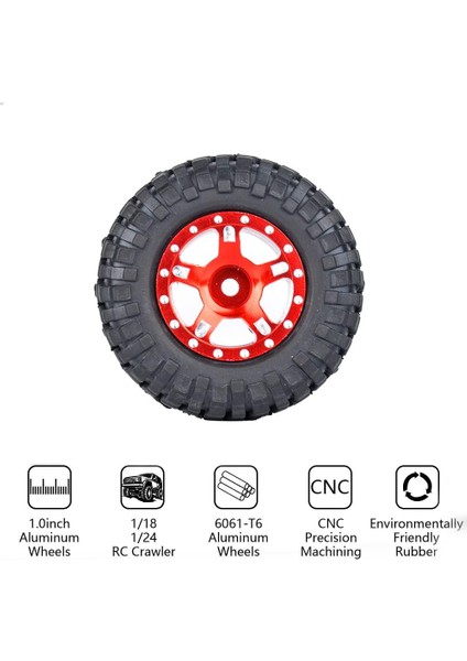 1.0 Beadlock Tekerlekler ve Lastikler 4 Adet Metal Tekerlek Göbeği Kauçuk Lastikler 1/24 Rc Model Araba Paletli Eksenel SCX24 AXI00006 AXI90081 AXI00002 AXI00001(KIRMIZI2) (Yurt Dışından)