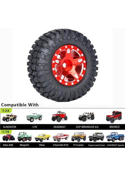 1.0 Beadlock Tekerlekler ve Lastikler 4 Adet Metal Tekerlek Göbeği Kauçuk Lastikler 1/24 Rc Model Araba Paletli Eksenel SCX24 AXI00006 AXI90081 AXI00002 AXI00001(KIRMIZI2) (Yurt Dışından)