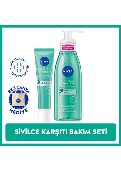 NIVEA Derma Skin Clear Nisainamid ve Salisilik Asit (BHA) içeren Sivilce Karşıtı Yüz Temizleme Jeli 150ml ve %8 Niasinamid ve Glikolik Asit içeren Gece Kremi 40ml,Bez Çanta Hediye