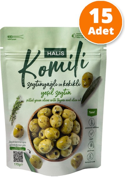 Çekirdeksiz Zeytinyağlı ve Kekikli Yeşil Zeytin 15 x 170g