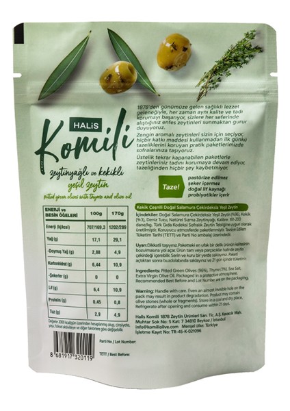 Çekirdeksiz Zeytinyağlı ve Kekikli Yeşil Zeytin 15 x 170g