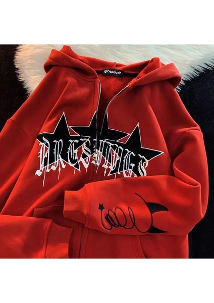 Kırmızı Triple Star Devil Icon Fermuarlı (Unisex) Kapüşonlu Sweatshirt