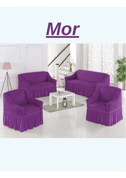 E Bahar 3+3+1+1 Bürümcük Koltuk Takımı Örtüsü. Etekli Streç Esnek Lastikli Çekyat Kanepe Kılıfı
