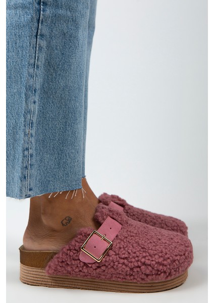 Juno Kadın Tekstil Kürklü Deri Kemerli Tokalı Lila Terlik fiyatları