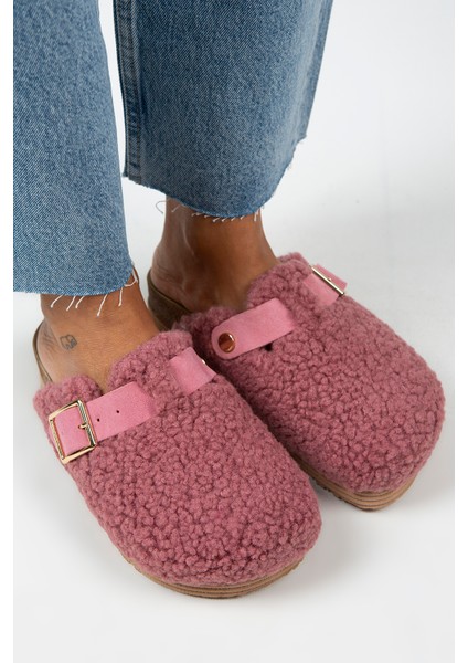 Juno Kadın Tekstil Kürklü Deri Kemerli Tokalı Lila Terlik modelleri