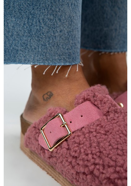 Juno Kadın Tekstil Kürklü Deri Kemerli Tokalı Lila Terlik fırsatları