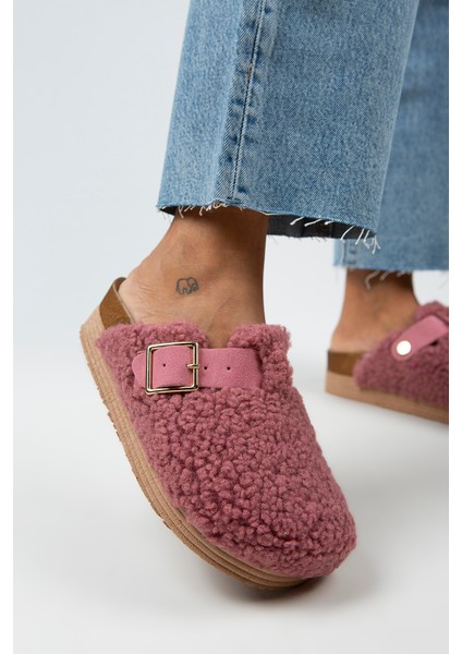 Juno Kadın Tekstil Kürklü Deri Kemerli Tokalı Lila Terlik indirimleri