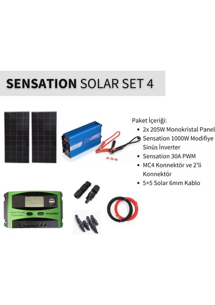 Solar Set Paket 4 (Karavan, Bağ Evi) Monokristal Güneş Paneli-Pwm-Inverter Modifiye Sinus