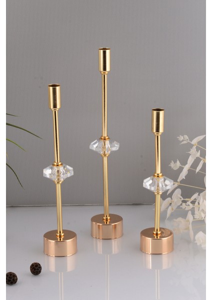 Contes 3'lü Lüks Şamdan Kristal Dekorlu Gold Kaplama Metal Mumluk modelleri