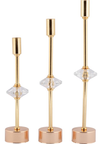 Contes 3'lü Lüks Şamdan Kristal Dekorlu Gold Kaplama Metal Mumluk fırsatları