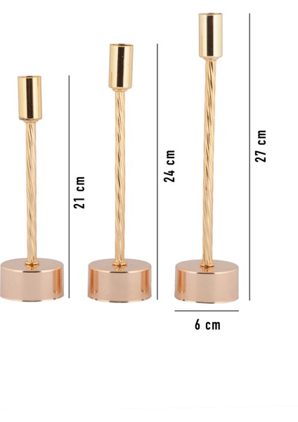 TR Turan Collection Yasemin 3'lü Şamdan Gold Dekoratif Metal Mumluk Altın Kaplama Şamdan Seti