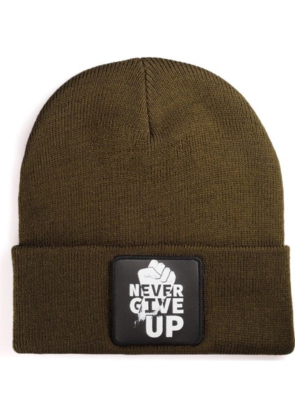 V1 Akrilik Never Give Up - 3 Kod Logolu Unisex Haki Bere (Beanie)