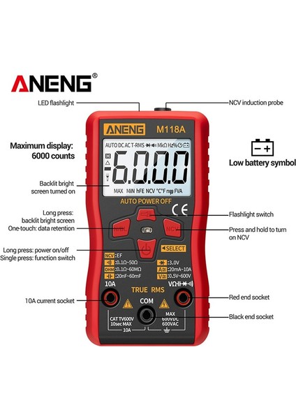 Aneng M118A Dijital Mini Multimetre Test Cihazı Otomatik Multimetre 6000 Sayım Ncv Testi True-Rms Veri Tutma (Yurt Dışından) fiyatları