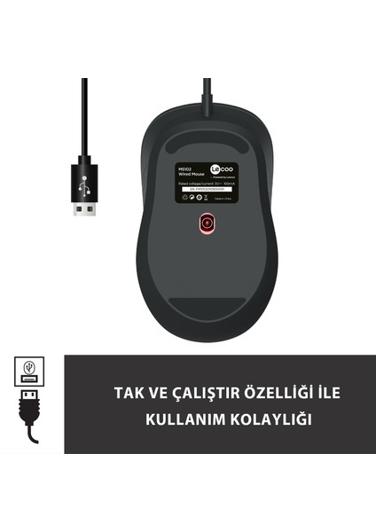 Lenovo Lecoo MS102 USB Kablolu 2400DPI 4 Tuşlu Optik Mouse Siyah