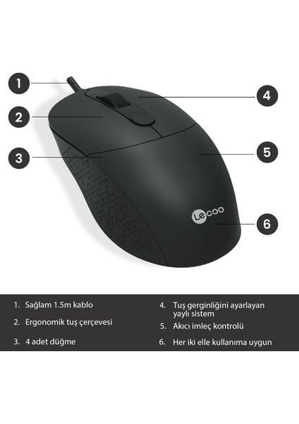 Lenovo Lecoo MS102 USB Kablolu 2400DPI 4 Tuşlu Optik Mouse Siyah