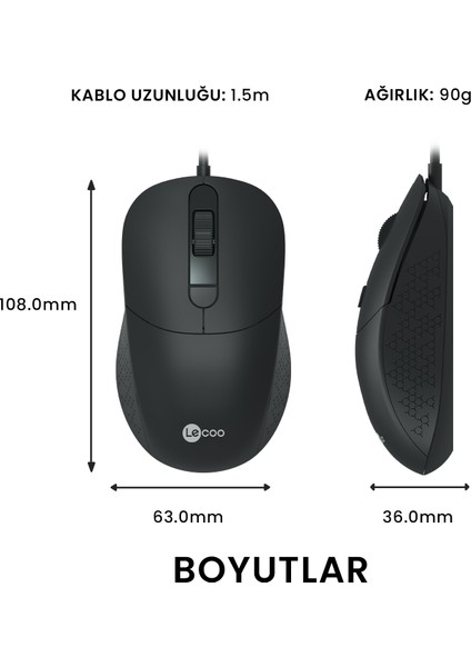 Lenovo Lecoo MS102 USB Kablolu 2400DPI 4 Tuşlu Optik Mouse Siyah