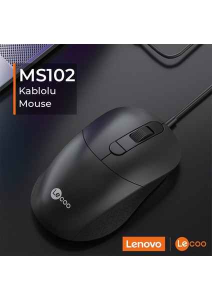 Lenovo Lecoo MS102 USB Kablolu 2400DPI 4 Tuşlu Optik Mouse Siyah