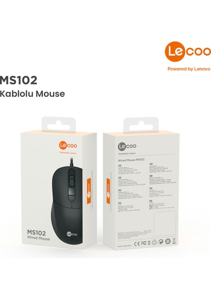 Lenovo Lecoo MS102 USB Kablolu 2400DPI 4 Tuşlu Optik Mouse Siyah