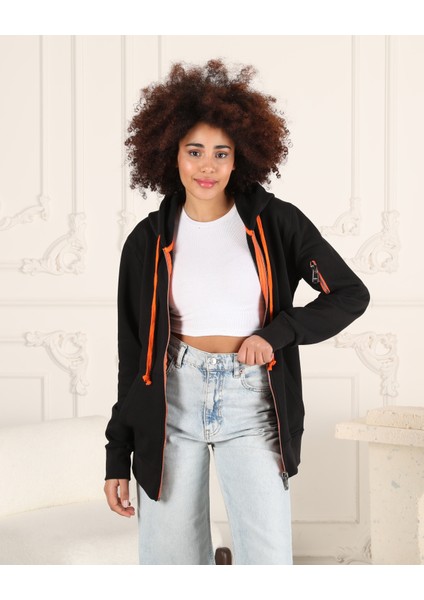 Espoirplus Siyah Renk Unisex Kapüşonlu Fermuarlı Cep Detaylı Sweatshirt