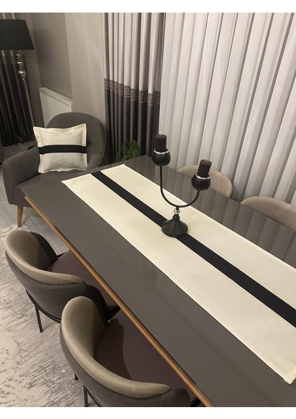 Keten Siyah Şerit Runner 4 Adet Yastık Kılıfı