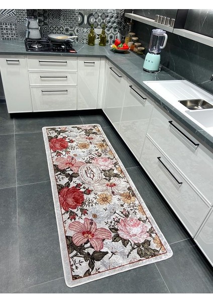 Çiçek Desenli Rowan Model Lateks Deri Taban Kitchen Mutfak Halısı